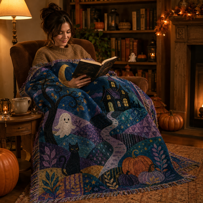 Cozy reading nook with Halloween woven blanket wrapped over a reader in an armchair