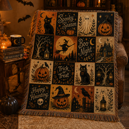Halloween woven tapestry blanket draped over a rustic reading chair with candles and books