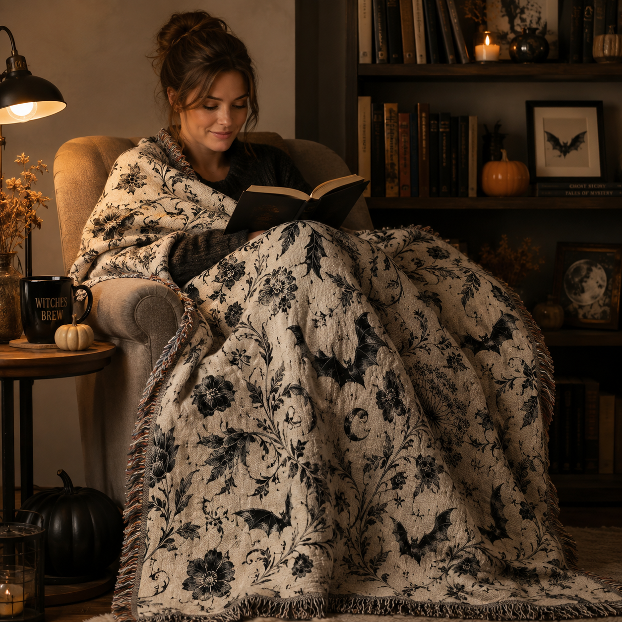 Woman reading in a cozy Halloween nook wrapped in a gothic botanical woven blanket