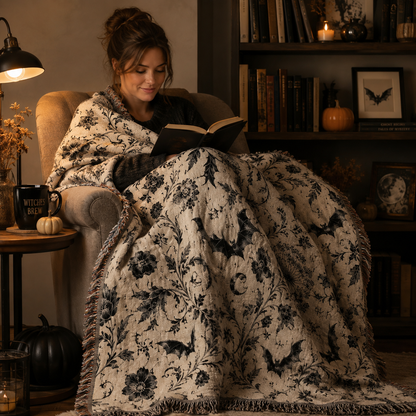Woman reading in a cozy Halloween nook wrapped in a gothic botanical woven blanket