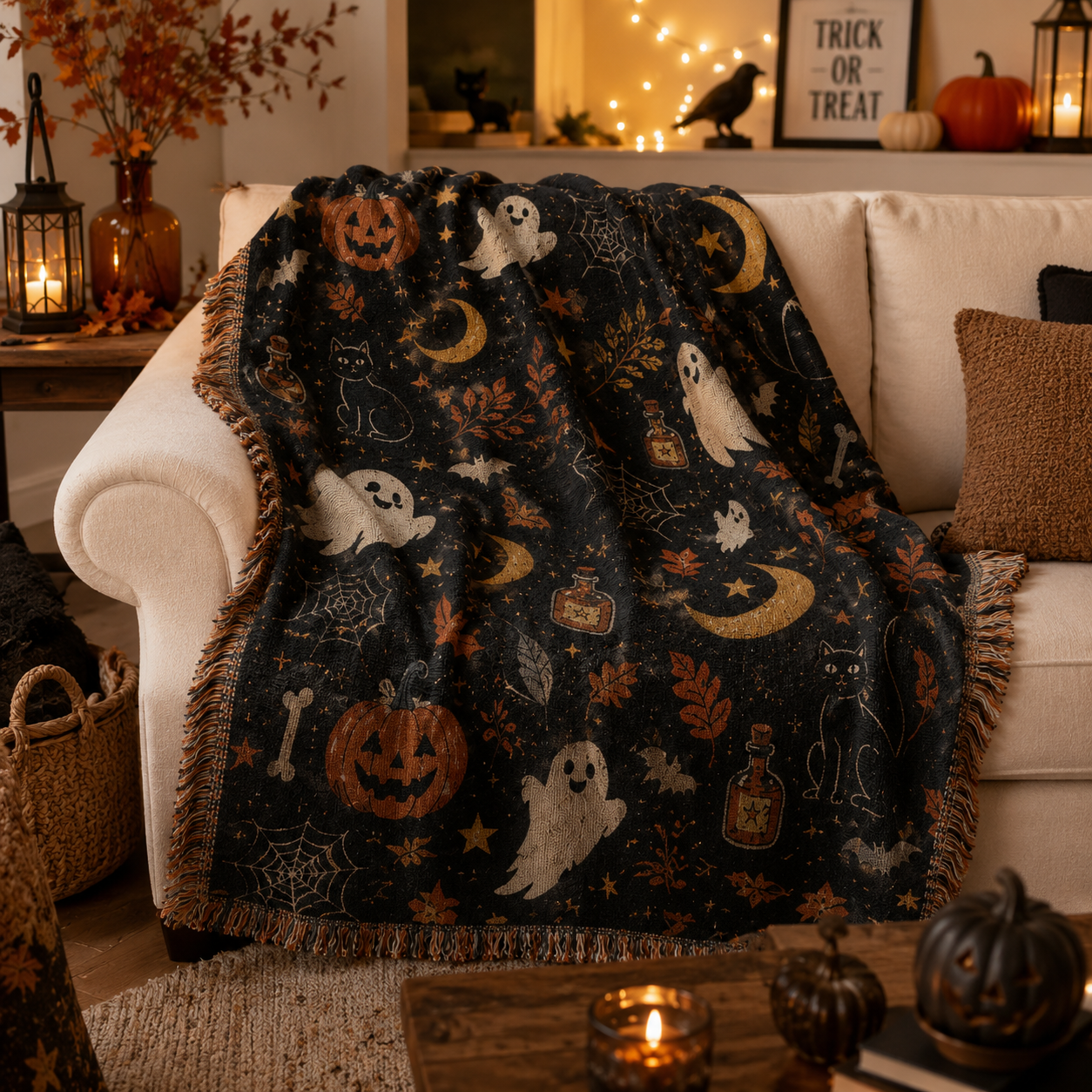 Soft Halloween woven blanket draped on a cream sofa with pumpkins and warm fall decor