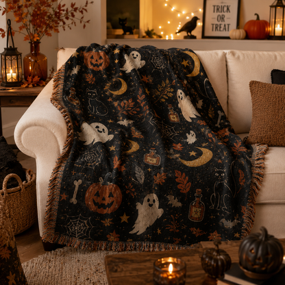 Soft Halloween woven blanket draped on a cream sofa with pumpkins and warm fall decor