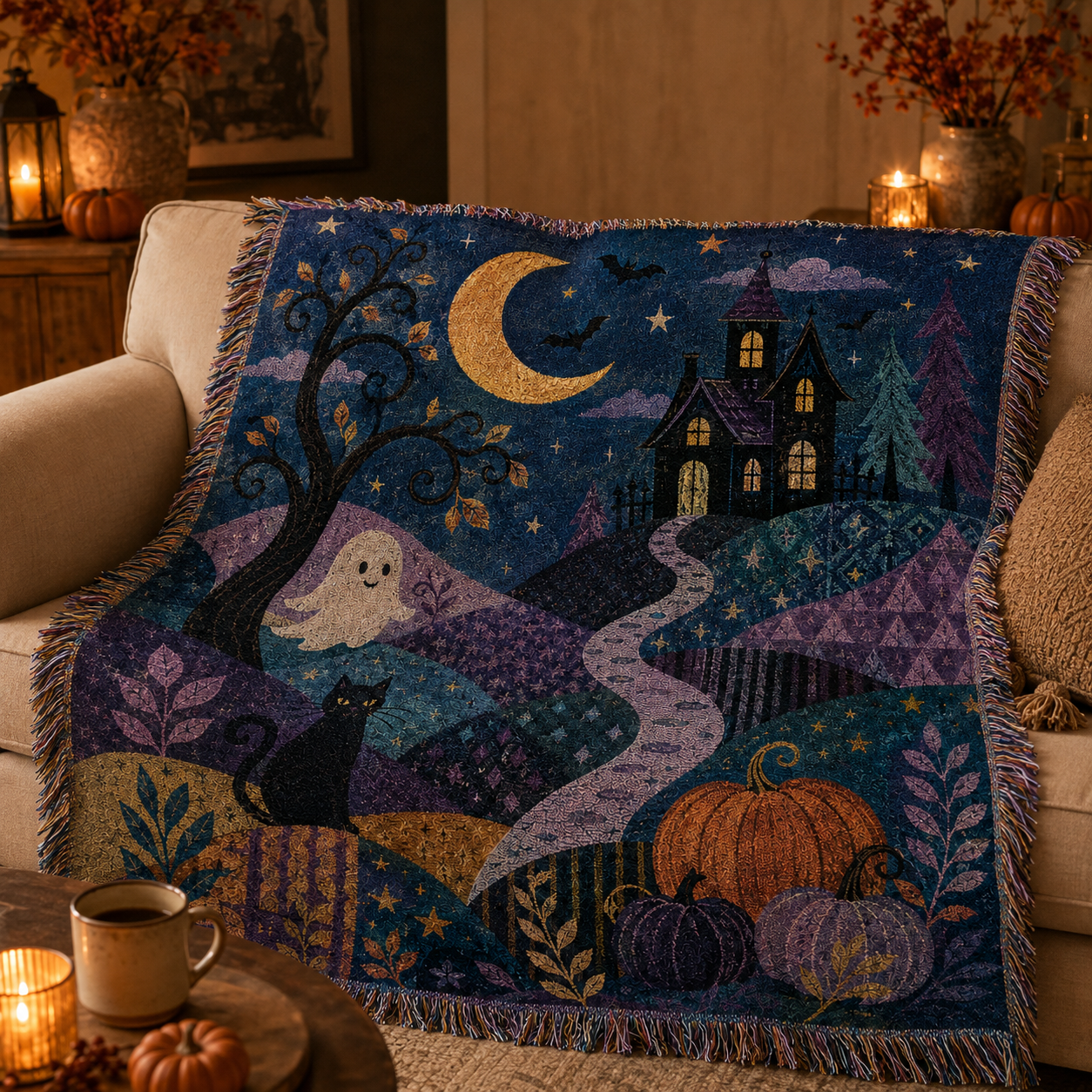 Halloween woven blanket draped softly over a sofa in a cozy autumn living room