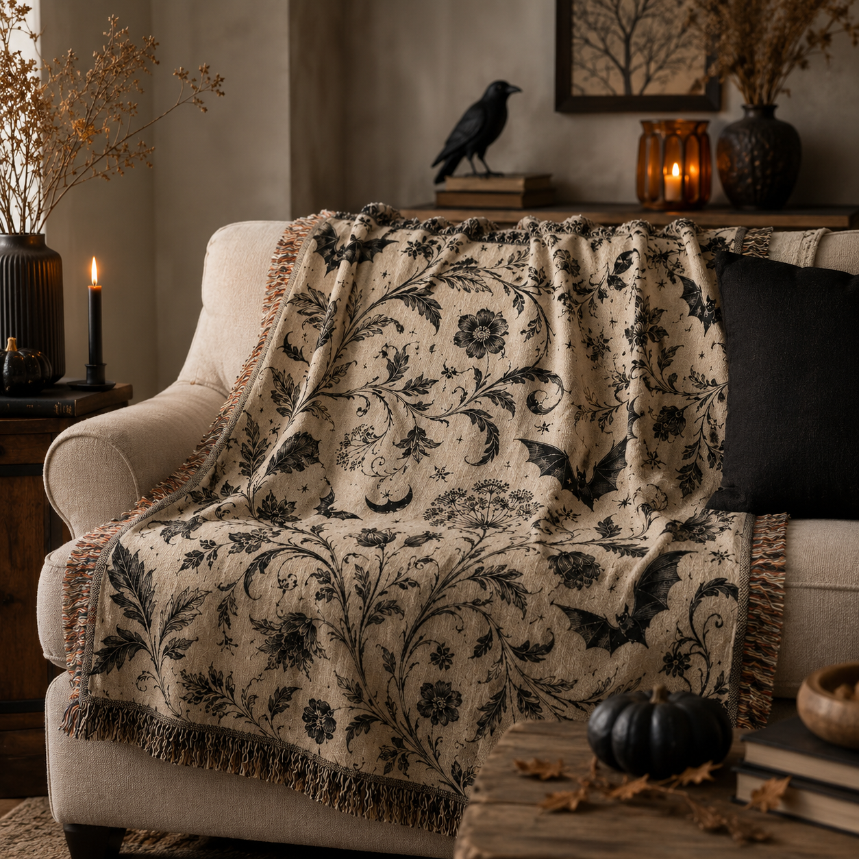 Halloween woven blanket draped softly over a neutral sofa with gothic botanical bat design