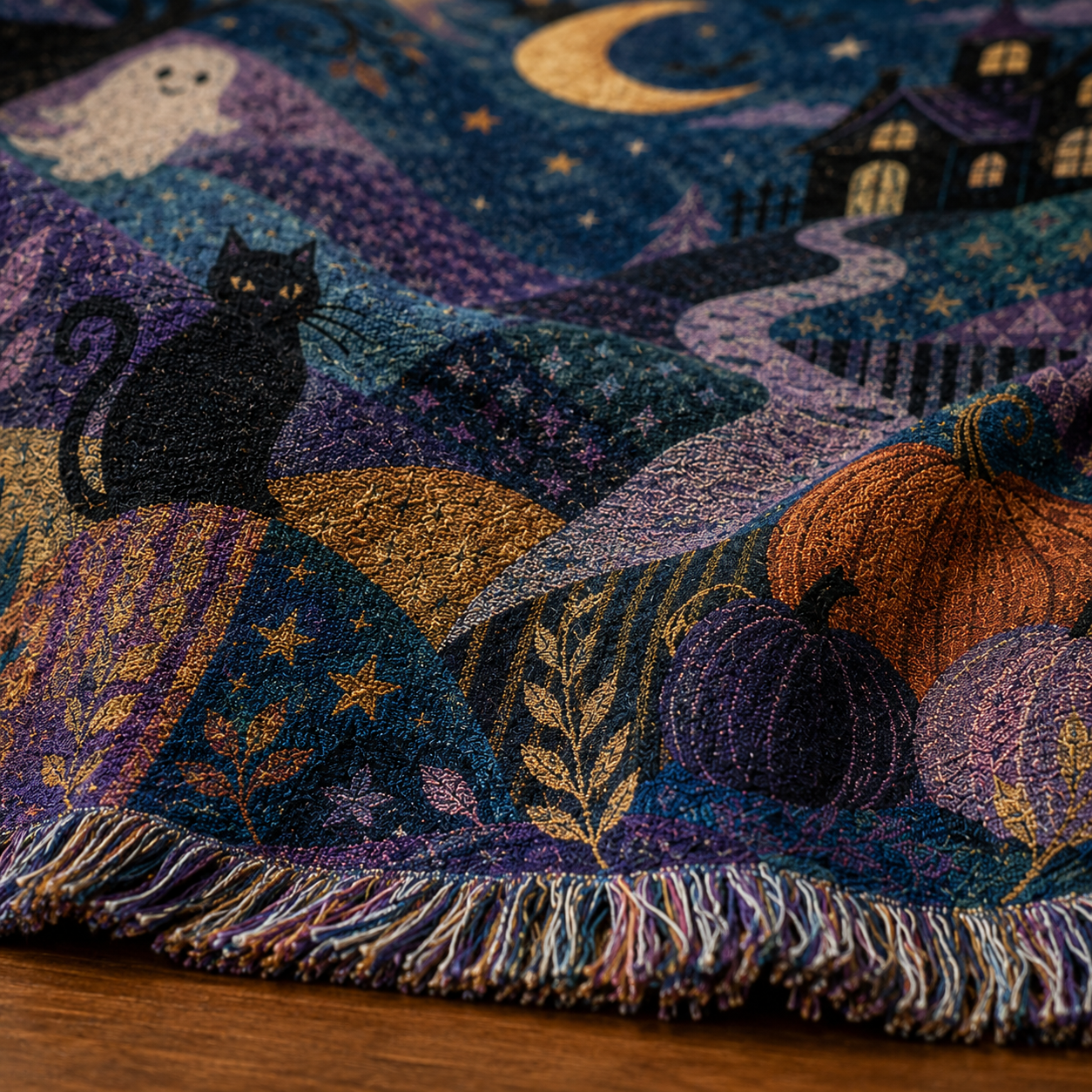 Macro close up of Halloween woven blanket yarn texture and multicolor fringe