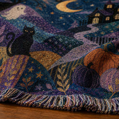 Macro close up of Halloween woven blanket yarn texture and multicolor fringe