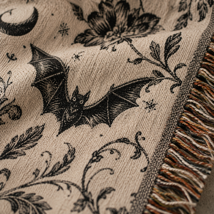 Macro close-up of woven cotton texture and multicolor fringe on Halloween bat floral blanket