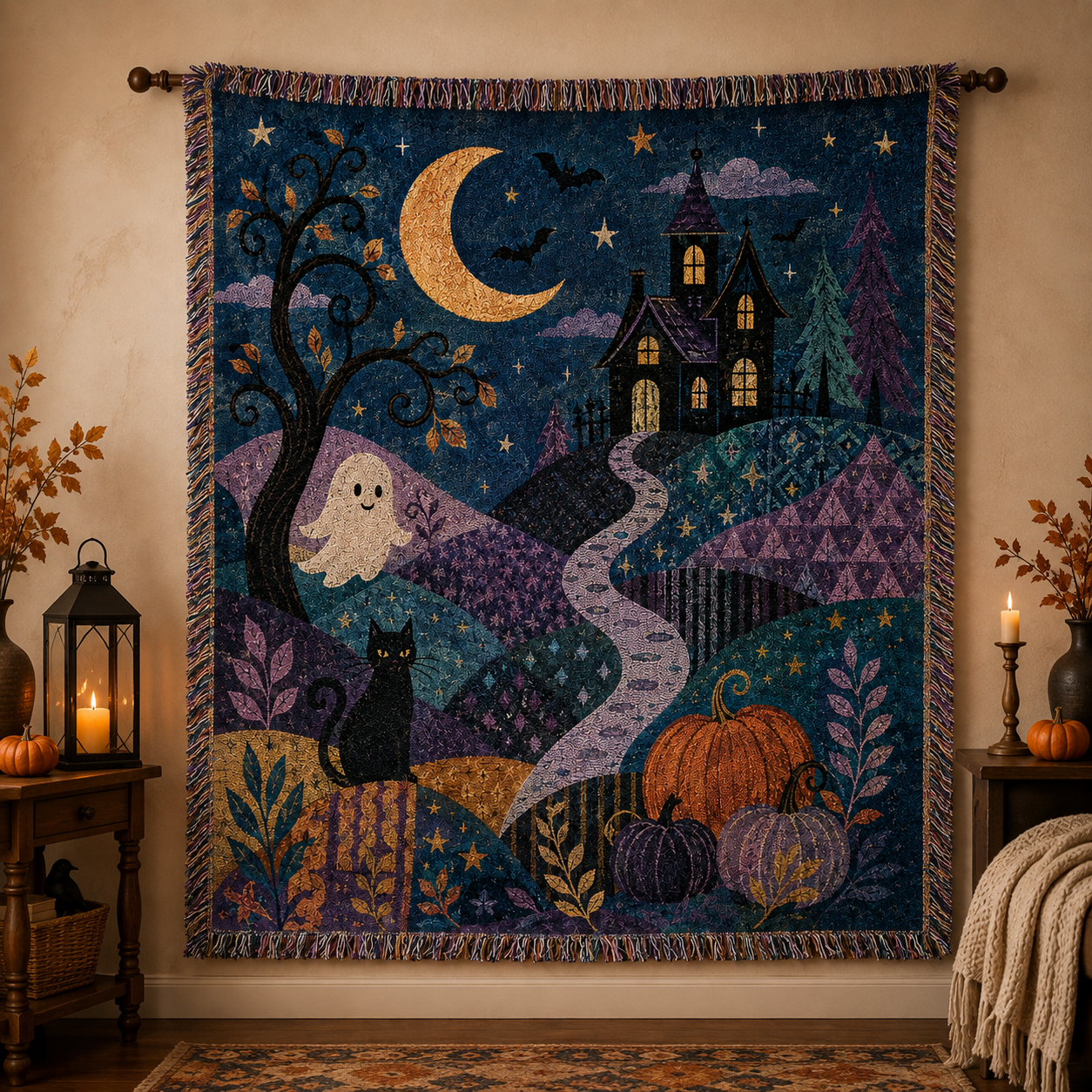 Halloween woven blanket displayed as wall decor with crescent moon haunted house ghost and pumpkins