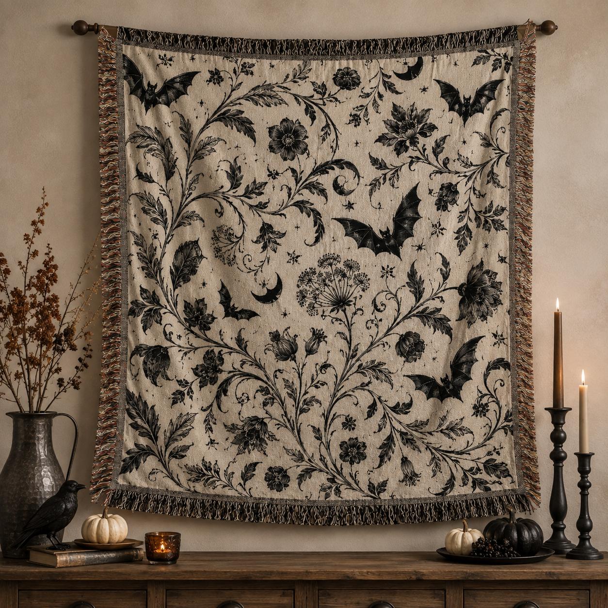 Halloween gothic botanical woven blanket displayed as wall decor with bats and florals