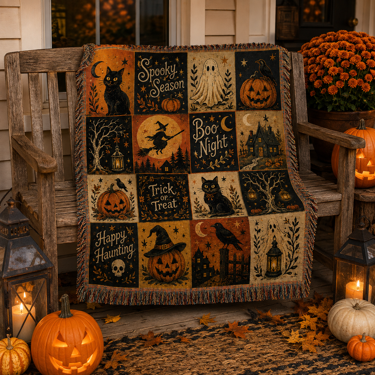 Vintage Halloween woven throw styled on a rustic porch bench with lanterns and pumpkins
