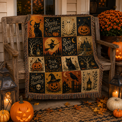 Vintage Halloween woven throw styled on a rustic porch bench with lanterns and pumpkins