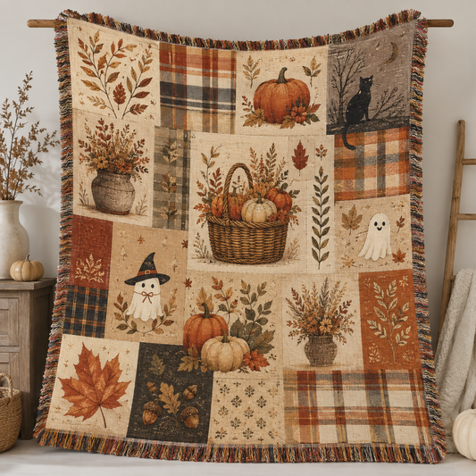 Halloween patchwork woven blanket with pumpkins friendly ghosts black cat plaid autumn leaves and fringe