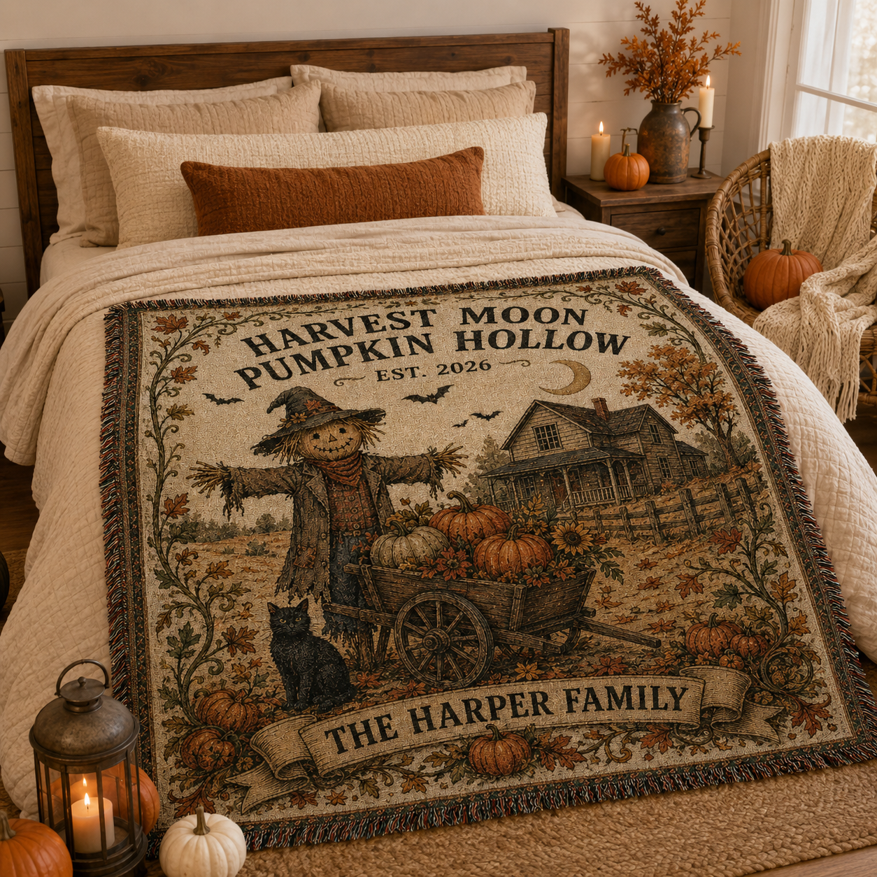 Personalized scarecrow and pumpkin woven blanket displayed across a rustic autumn bed