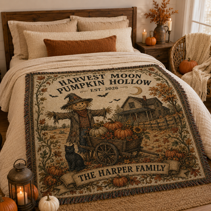 Personalized scarecrow and pumpkin woven blanket displayed across a rustic autumn bed