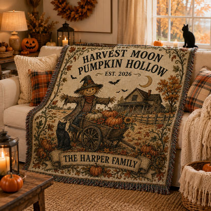 Personalized Pumpkin Hollow Halloween woven blanket styled on a cozy farmhouse sofa