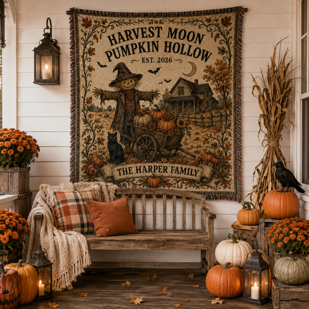 Personalized Halloween pumpkin patch woven blanket displayed on a rustic autumn porch