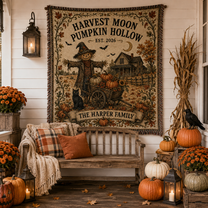 Personalized Halloween pumpkin patch woven blanket displayed on a rustic autumn porch