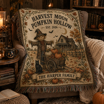 Personalized autumn Halloween woven blanket styled in a candlelit reading nook