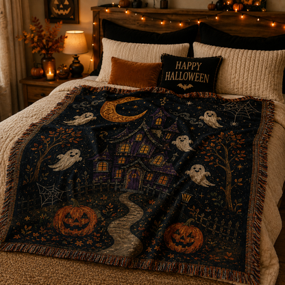 Halloween woven blanket styled on a cozy bed with crescent moon, ghosts and haunted house design