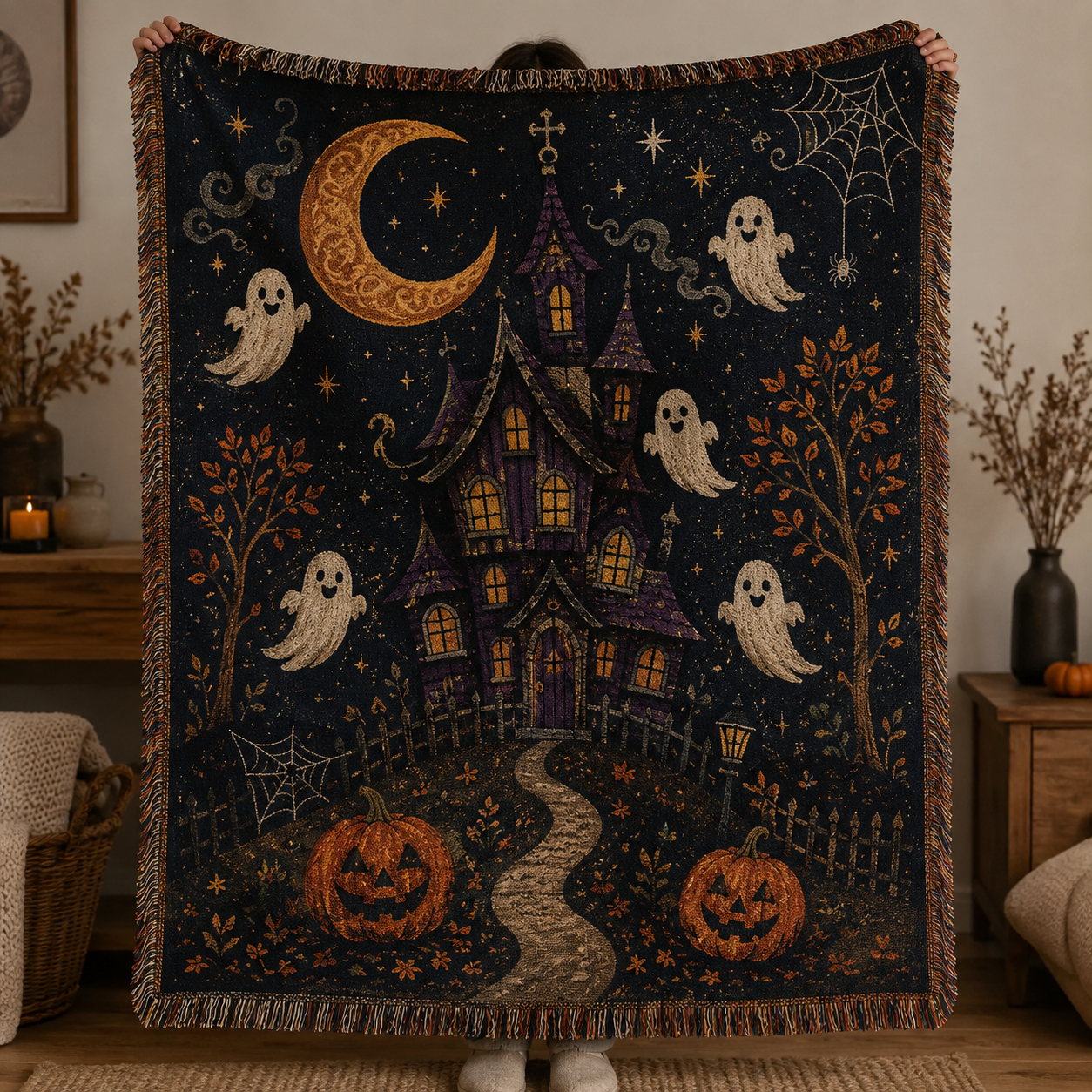Halloween woven blanket with haunted house, crescent moon, friendly ghosts, pumpkins and fringe