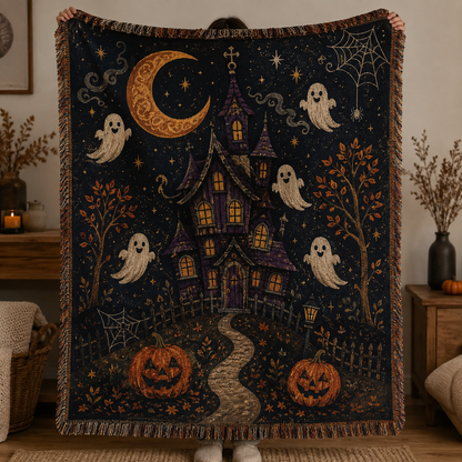 Halloween woven blanket with haunted house, crescent moon, friendly ghosts, pumpkins and fringe