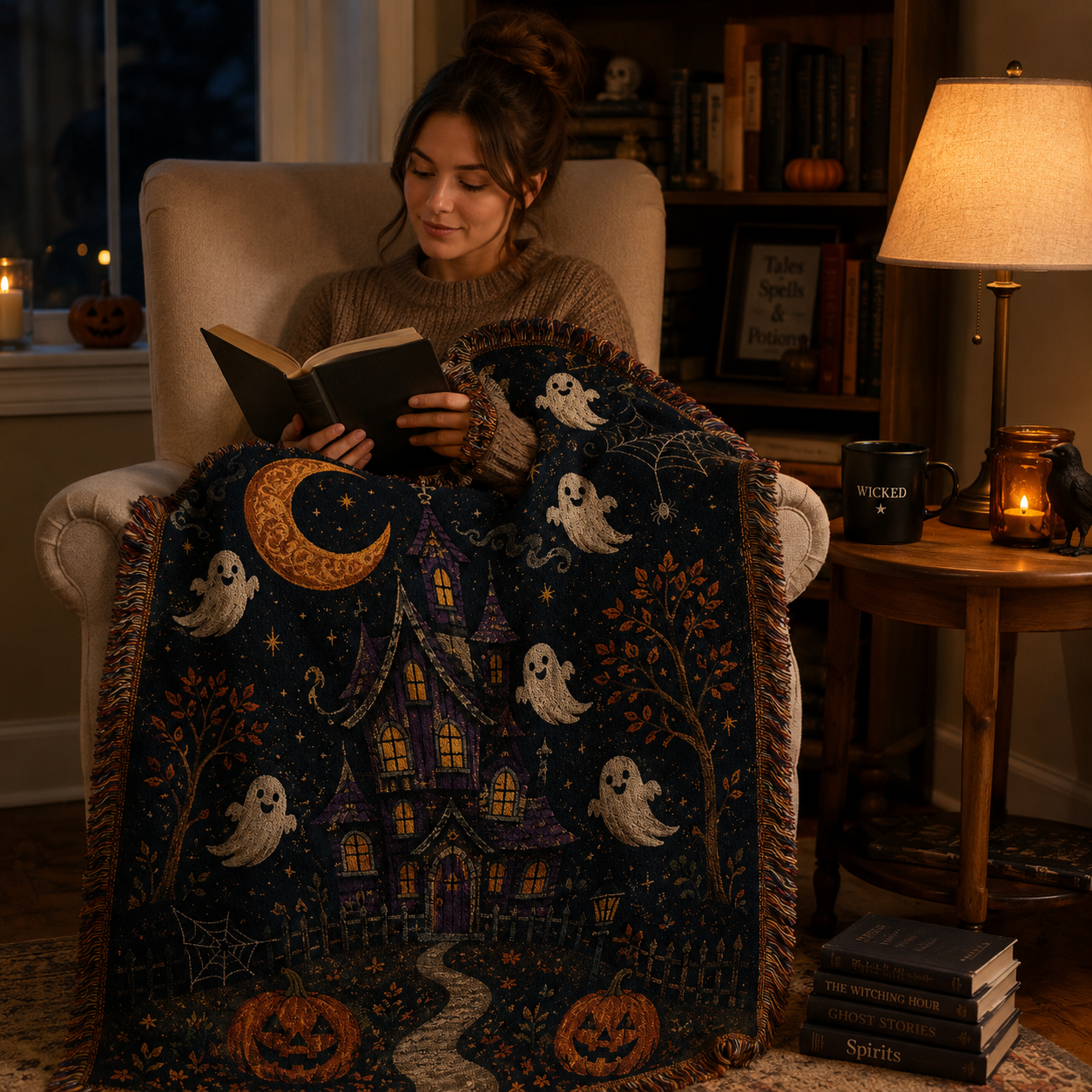 Reader wrapped in a soft Halloween woven blanket in a cozy reading nook