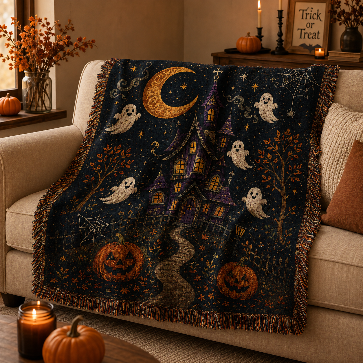 Halloween woven blanket softly draped on a sofa with haunted house, ghosts and pumpkins
