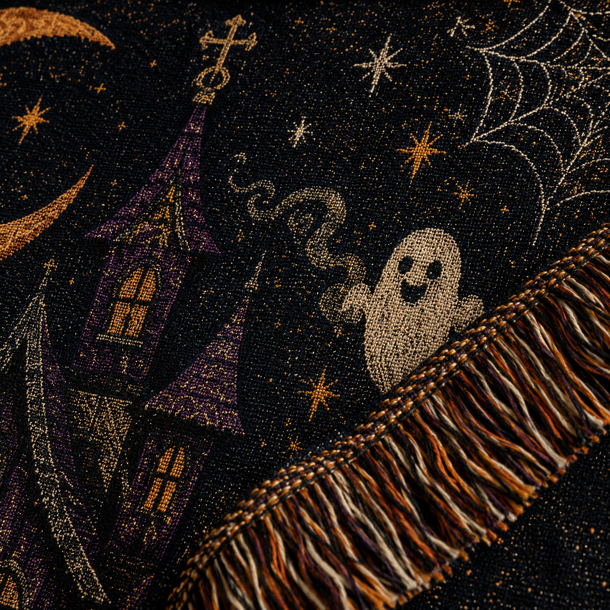 Macro close up of Halloween woven blanket yarn texture and multicolor fringe