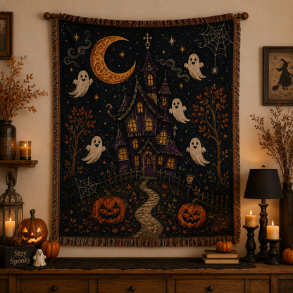 Halloween woven blanket displayed as wall decor with haunted house, crescent moon, ghosts and pumpkins