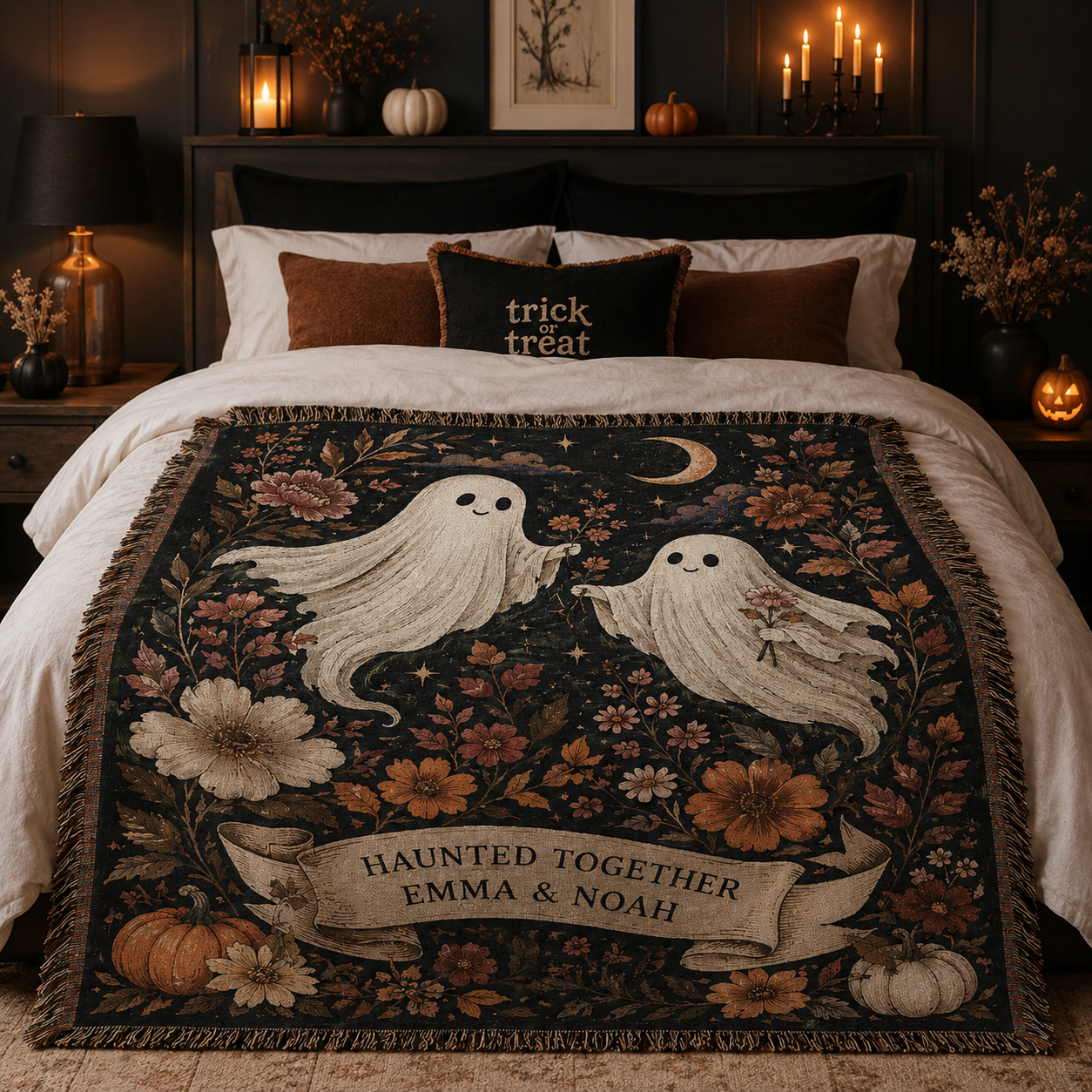 Personalized Halloween ghost woven blanket displayed in a moody bedroom
