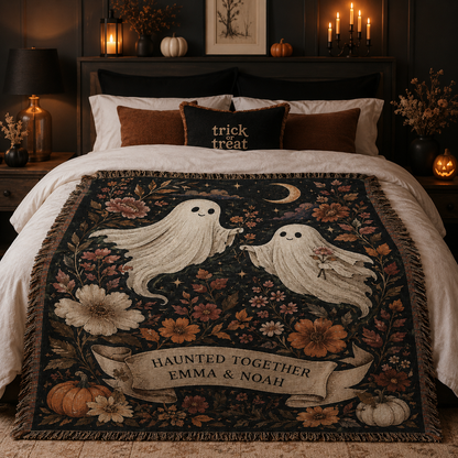 Personalized Halloween ghost woven blanket displayed in a moody bedroom