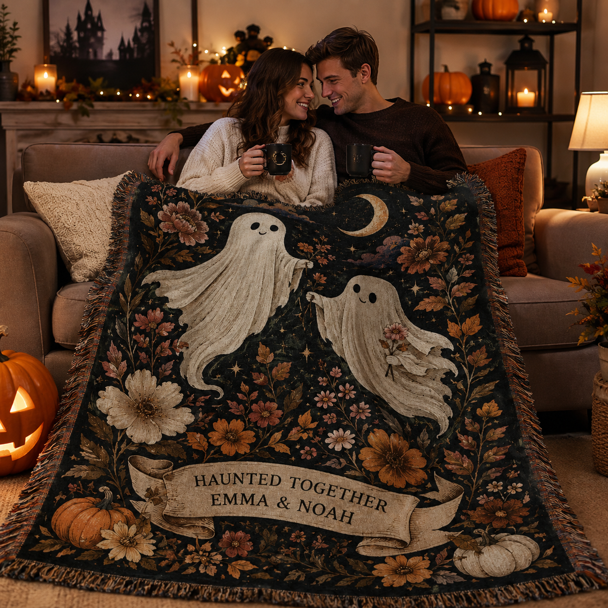 Couple sharing a personalized Haunted Together ghost woven blanket