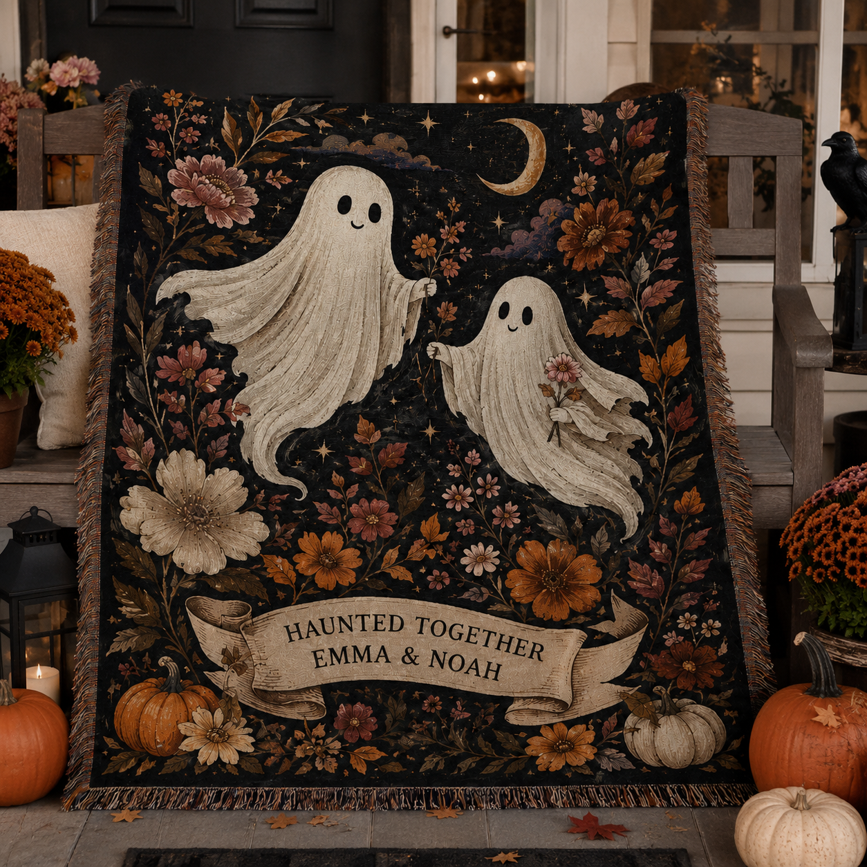 Personalized Haunted Together ghost woven blanket in an autumn porch setting