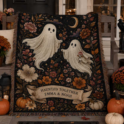 Personalized Haunted Together ghost woven blanket in an autumn porch setting