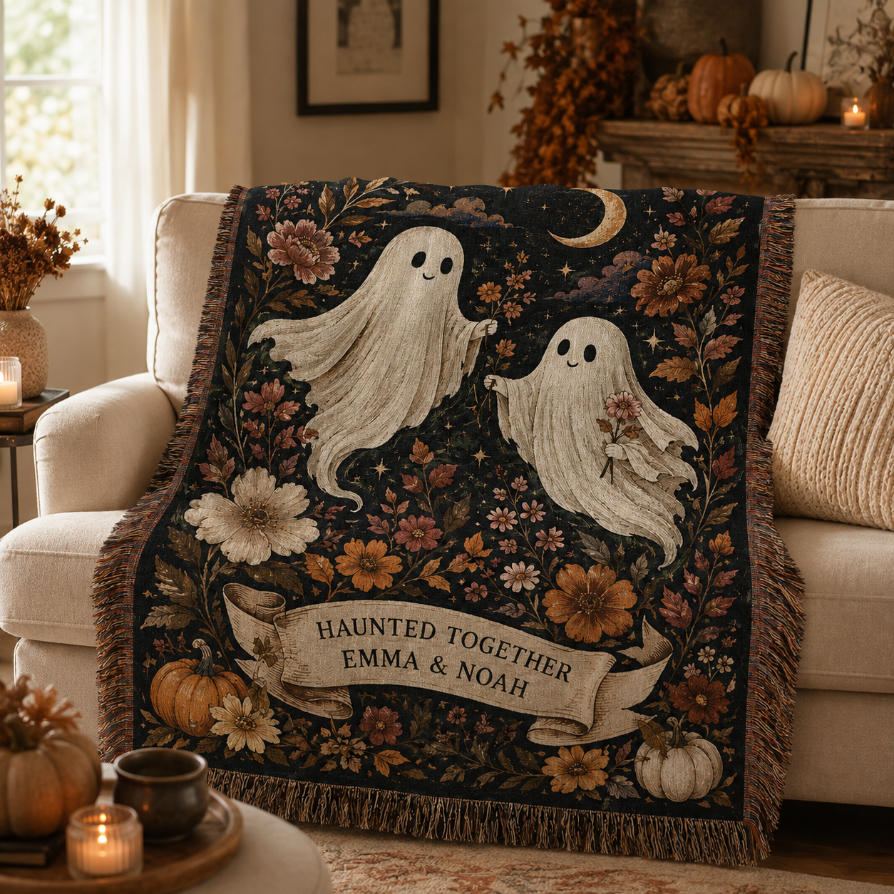 Personalized Halloween ghost woven blanket styled on a cozy sofa