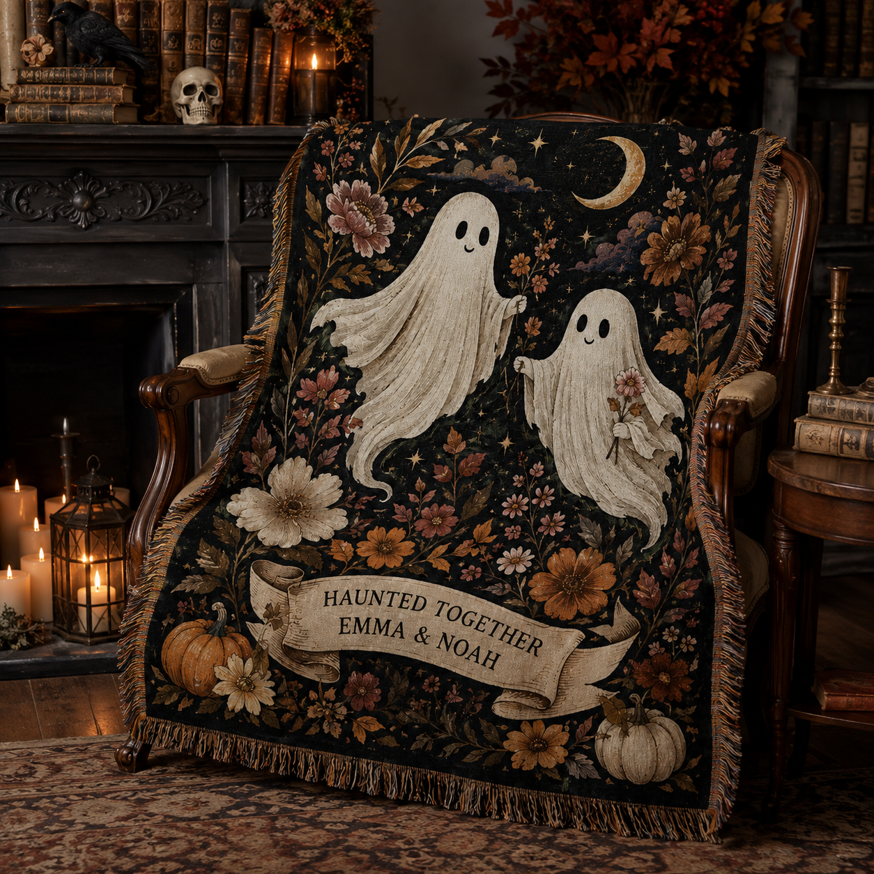 Personalized ghost woven blanket on a vintage chair by a Halloween fireplace