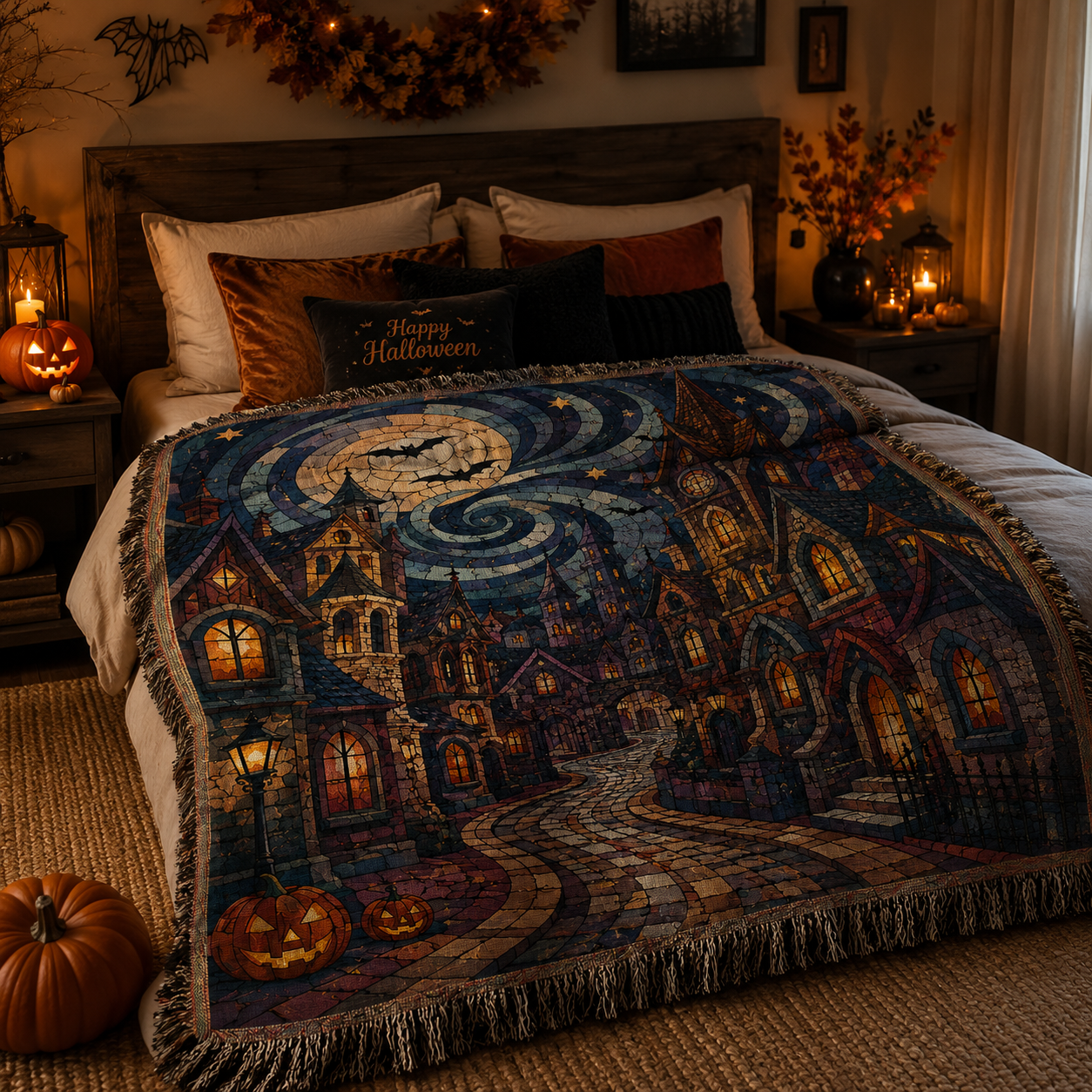 Haunted village Halloween woven blanket styled on a cozy bed