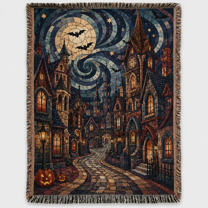 Halloween woven blanket with haunted gothic village, moon, bats and pumpkins