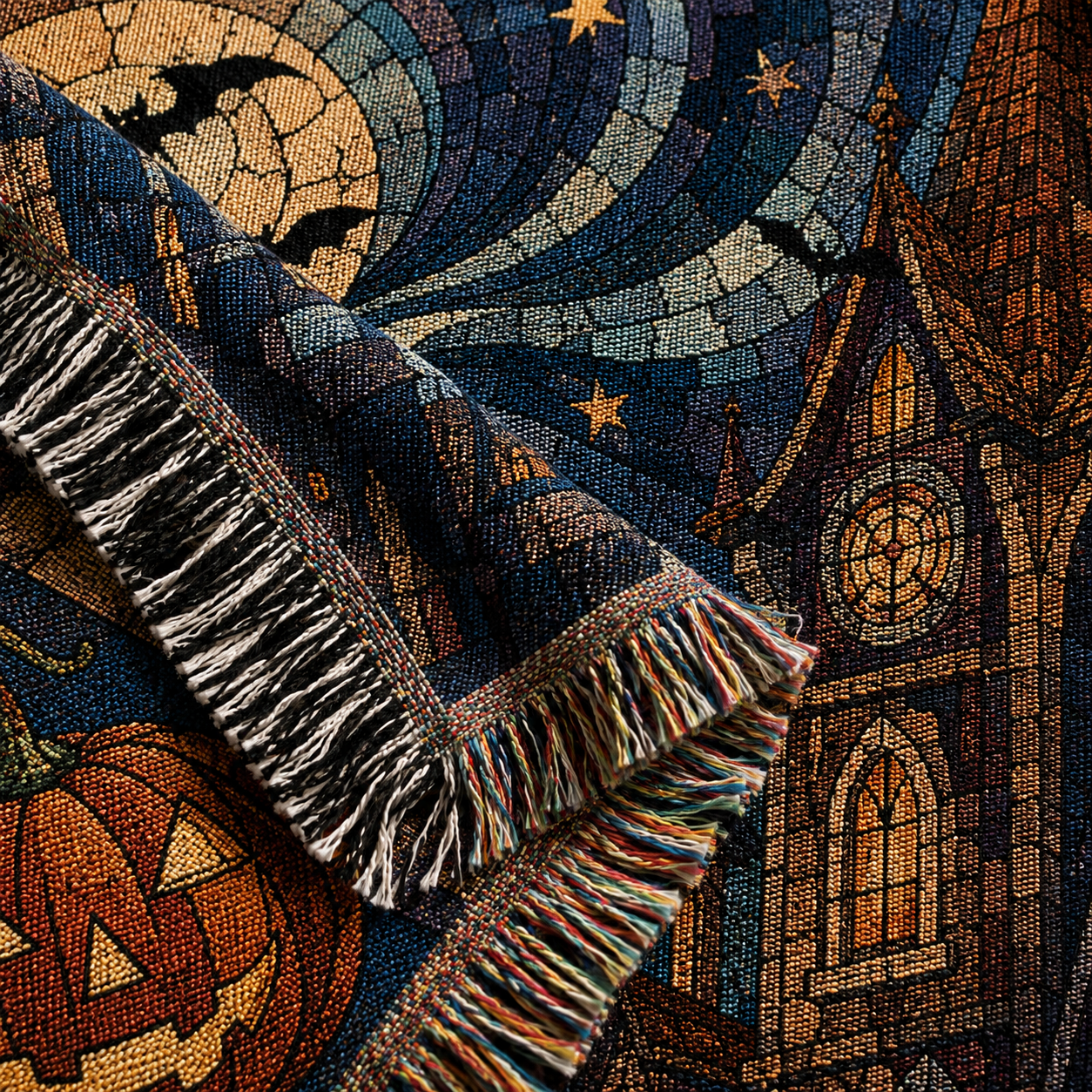 Macro woven texture and multicolor fringe of haunted village Halloween blanket