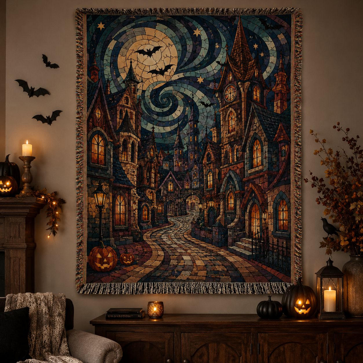 Haunted village Halloween woven blanket displayed as gothic wall decor