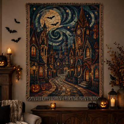 Haunted village Halloween woven blanket displayed as gothic wall decor