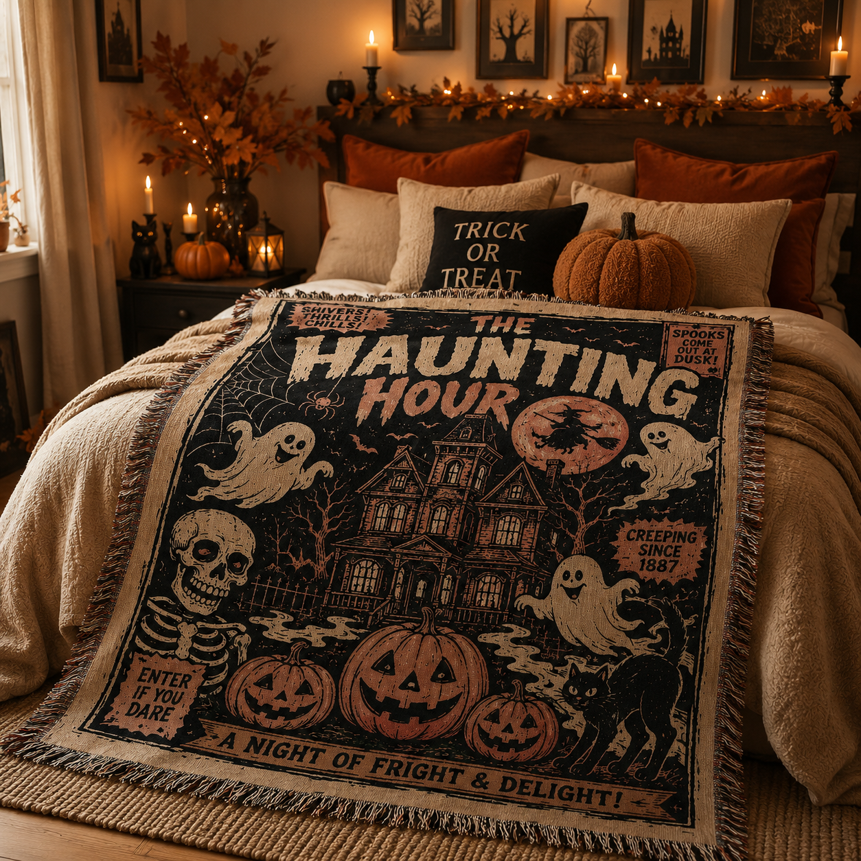 Halloween woven blanket styled across a cozy bed with pumpkins, candles and warm seasonal bedroom decor