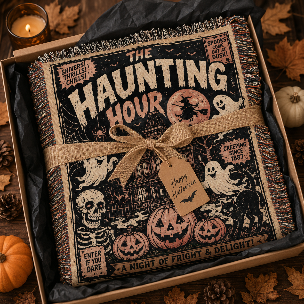 Halloween woven blanket folded in gift-ready packaging with ribbon, tissue paper and autumn accents