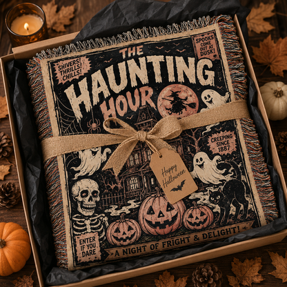 Halloween woven blanket folded in gift-ready packaging with ribbon, tissue paper and autumn accents