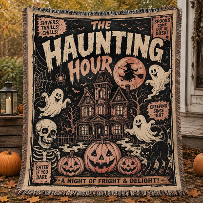 The Haunting Hour Halloween woven blanket with haunted house, ghosts, pumpkins, witch, skeleton and fringe