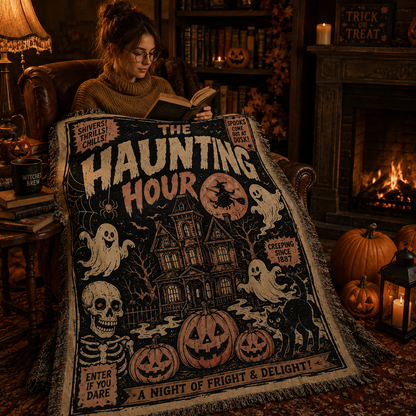 Person reading by a fireplace while wrapped in The Haunting Hour Halloween woven blanket