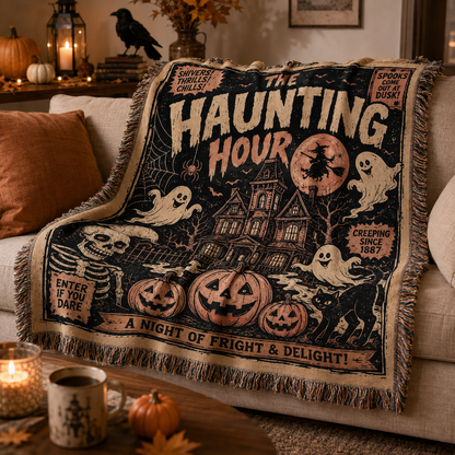 Soft Halloween woven blanket draped on a cream sofa with pumpkins, candles and cozy autumn decor