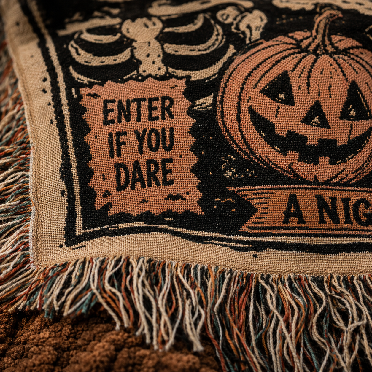 Macro close-up of Halloween woven blanket showing woven threads, textile texture and fringed edge
