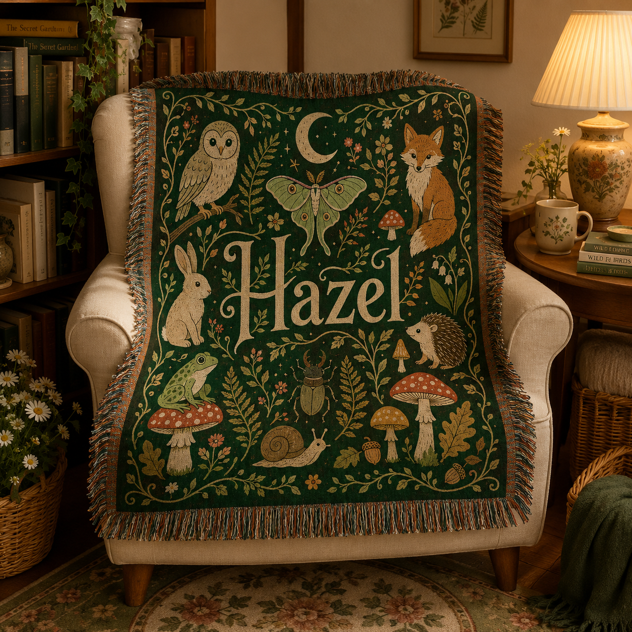 Personalized woodland name woven blanket displayed over an armchair in a cozy reading nook