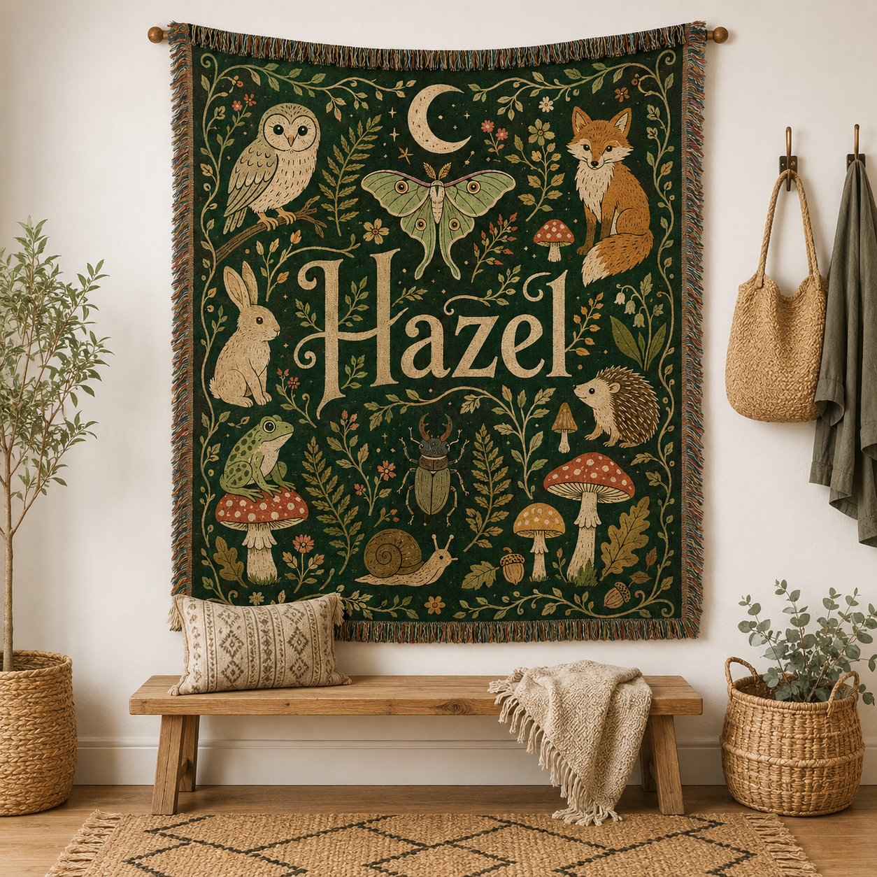 Personalized woodland name woven blanket hanging as wall tapestry decor above a wooden bench
